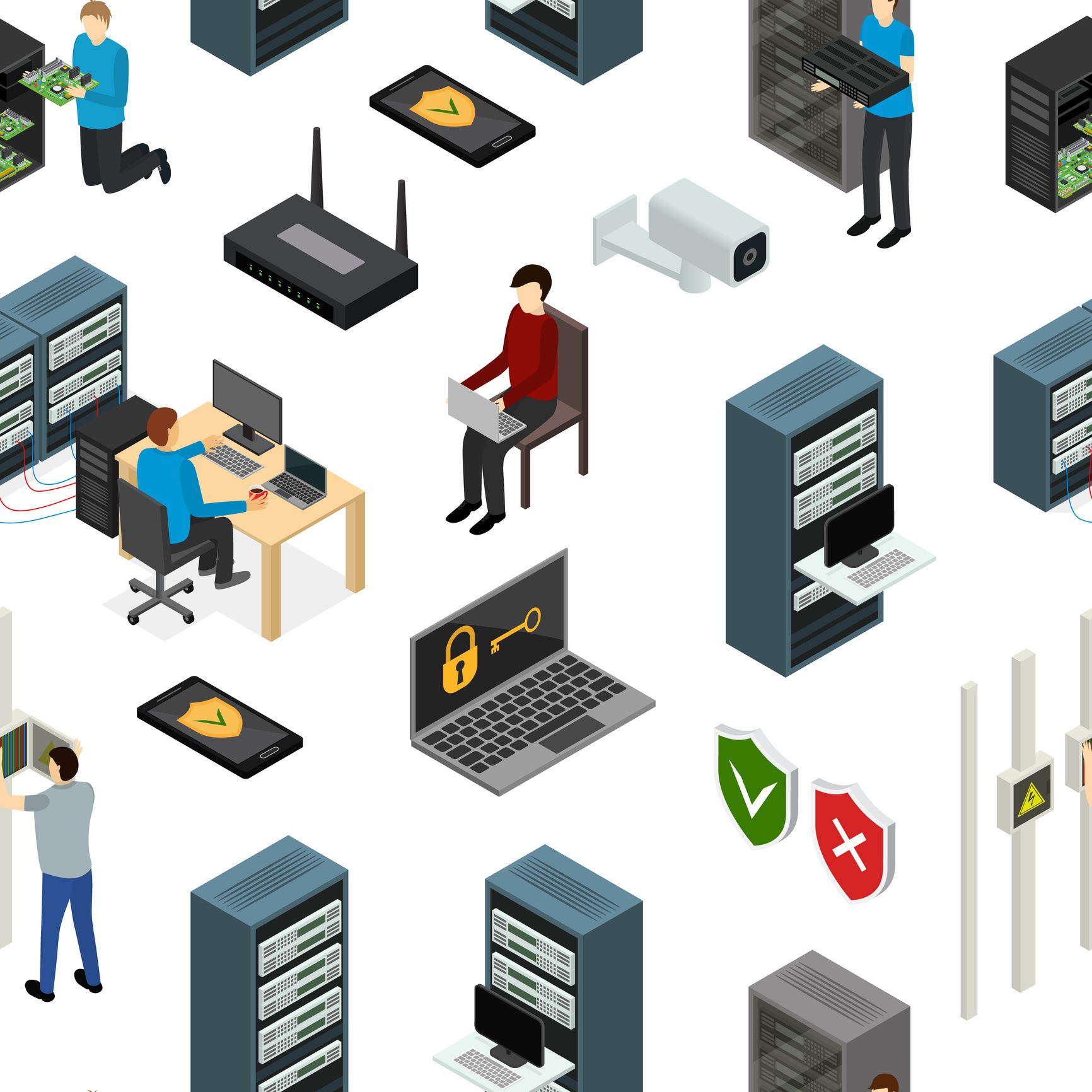 Isometric illustrations of people working with various technology and server equipment.