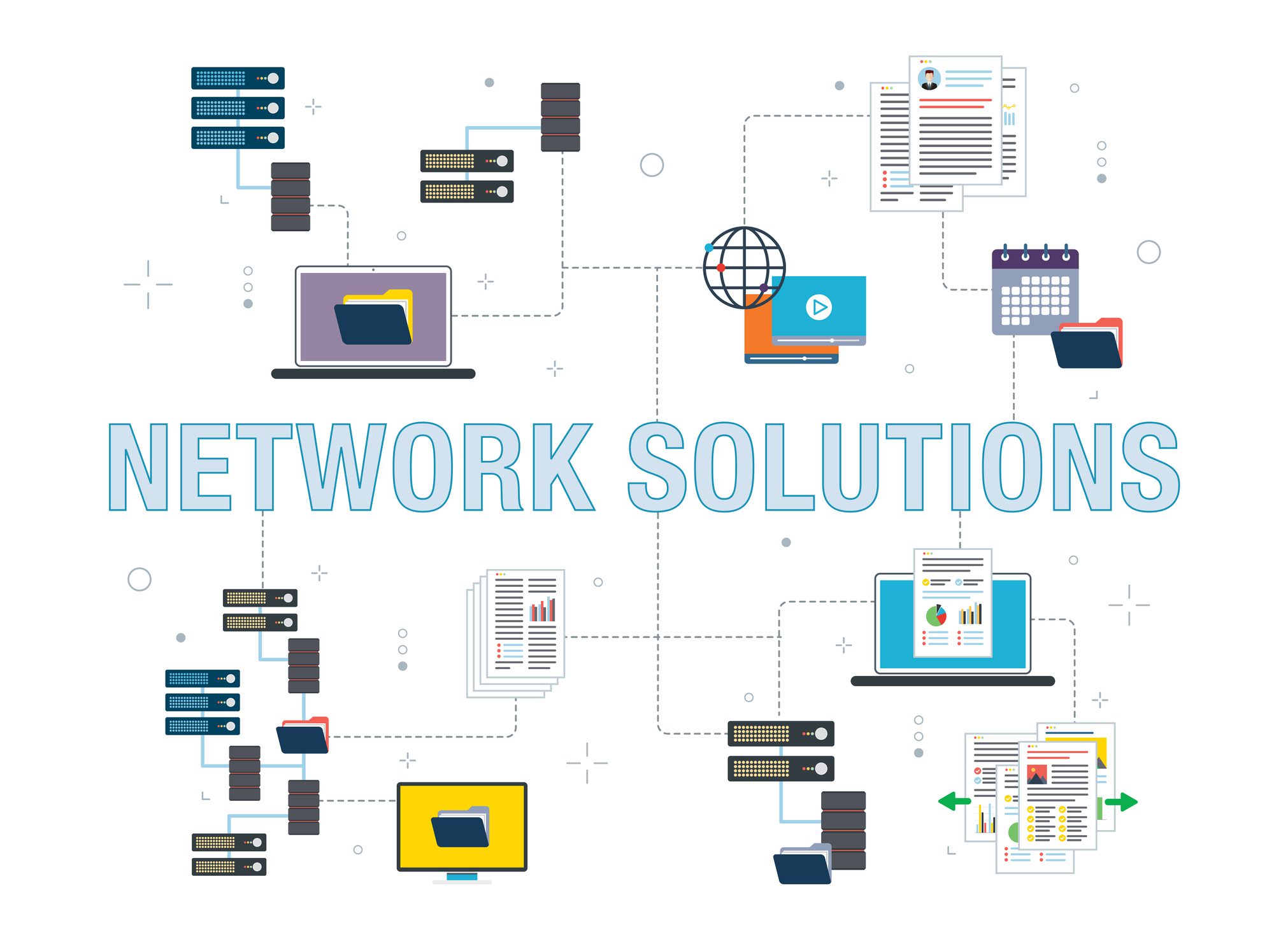 Illustration of network solutions with interconnected devices and data flow.