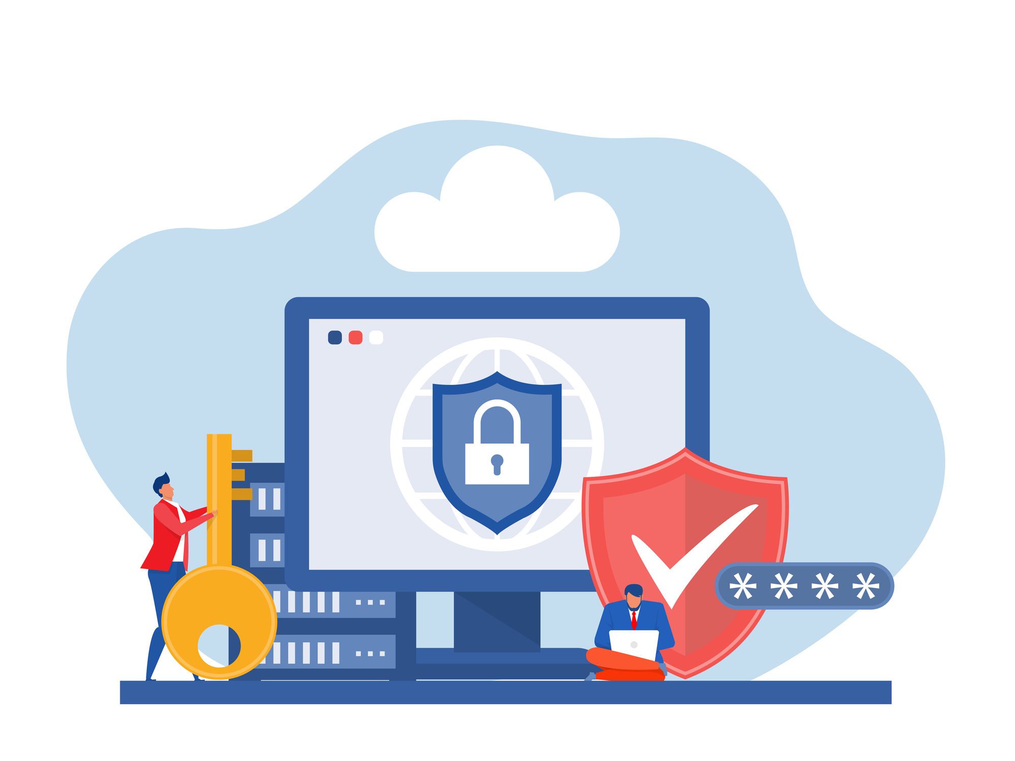 Illustration of cybersecurity with shield and lock protecting data.
