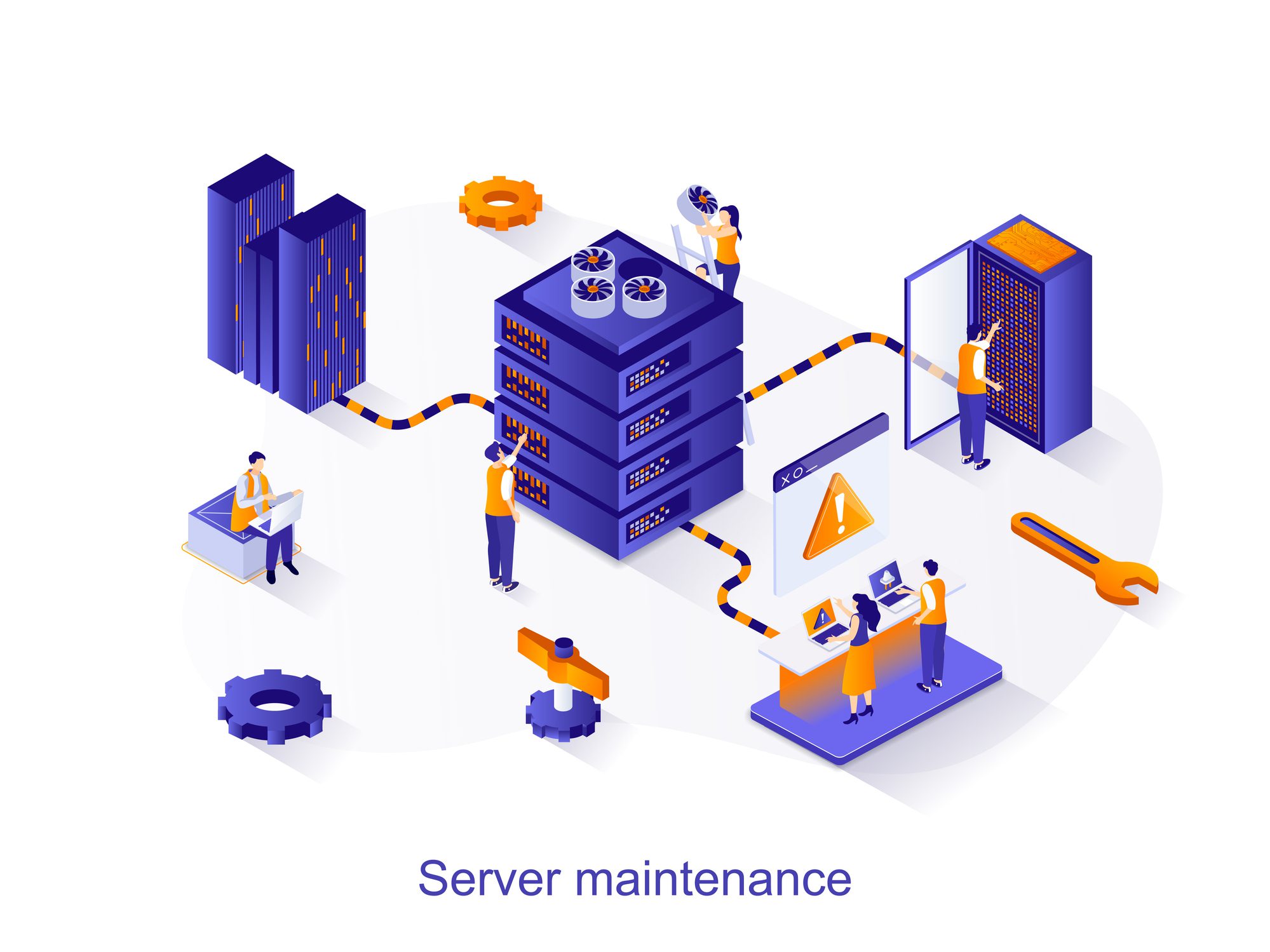 Illustration of server maintenance with technicians working on servers and equipment.