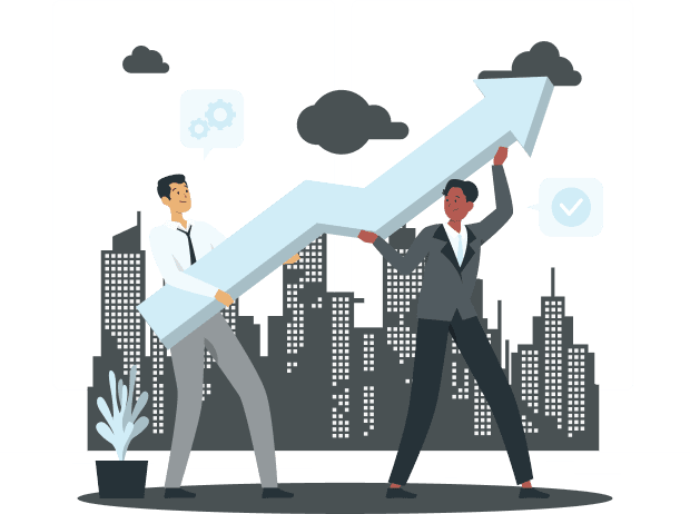 Two businessmen lifting an upward arrow representing growth.