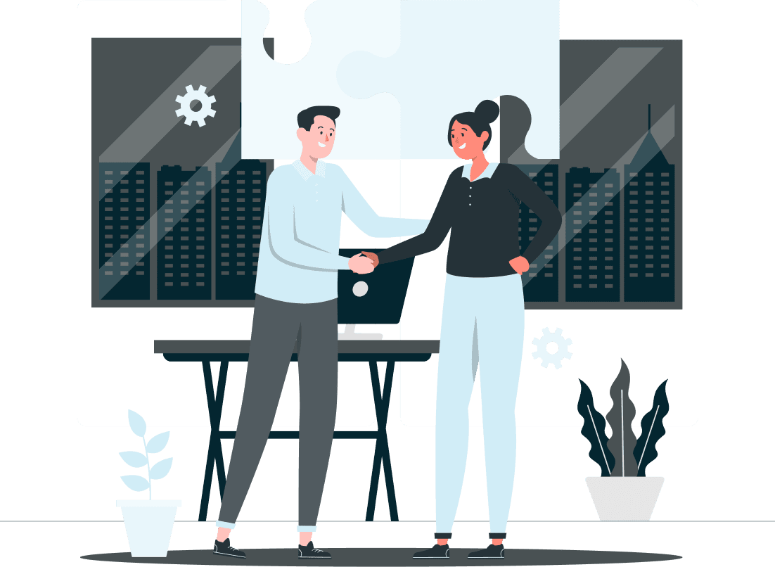 Two professionals shaking hands in an office setting.