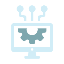 Computer monitor with a gear and circuit lines symbolizing technology and automation.