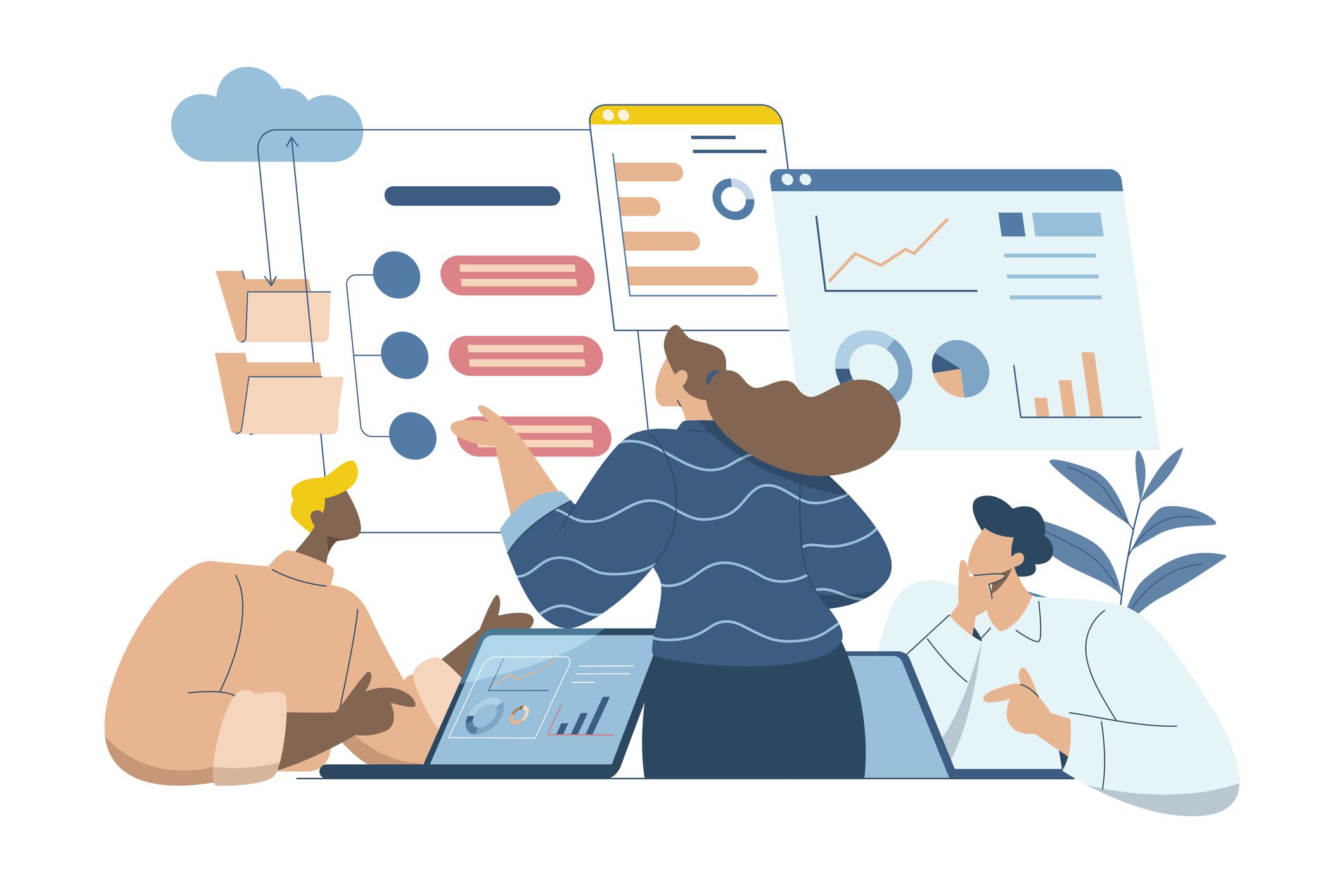 Team collaborating on data analysis with charts and laptops.